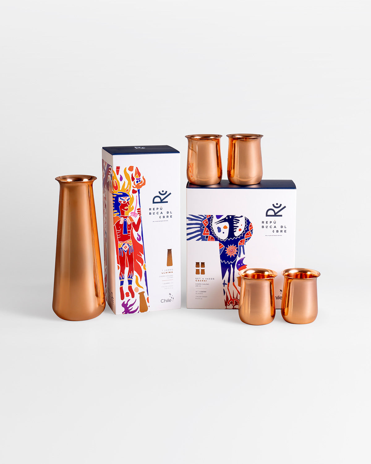 Pack 4 Vasos cobre Cachai - + Jarro Llaima